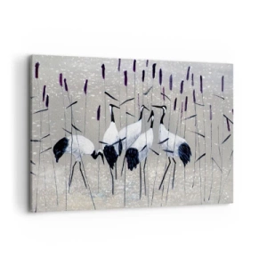 Impression sur toile - Image sur toile - Hérons dans l'herbe sur un fond paisible - 100x70cm - Parmi les siens - Décoration murale moderne pour le salon et la chambre ARTTOR