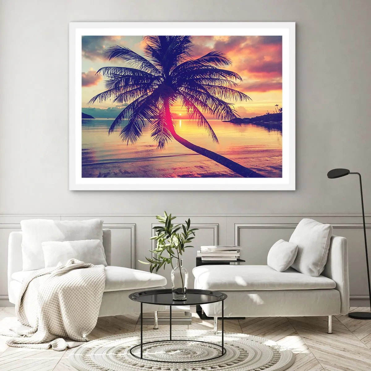 Affiche dans un cadre blanc - Poster - Soirée sous les palmiers - 100x70 cm