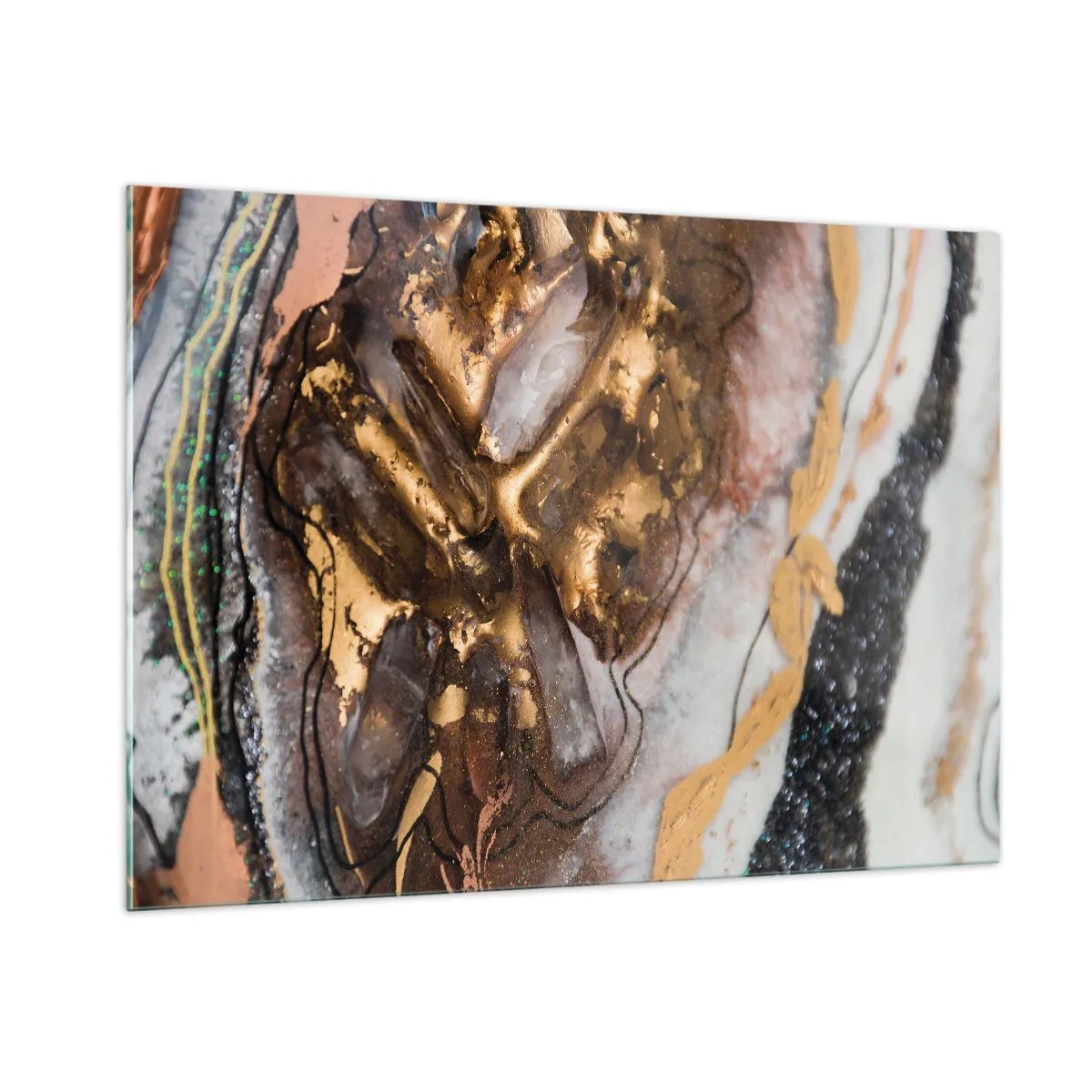 Impression sur verre - Image sur verre - Une peinture abstraite dans des tons d'or, de marron et de blanc avec une texture minérale. - 100x70cm - Élément de la terre - Décoration murale moderne pour le salon et la chambre ARTTOR