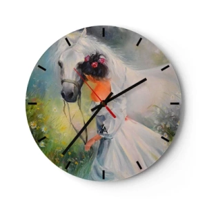 Horloge murale - Pendule murale - Une femme en robe blanche avec un cheval blanc dans un pré - 30x30cm - Comme dans un beau rêve - Décoration murale moderne pour le salon, la cuisine et la chambre ARTTOR