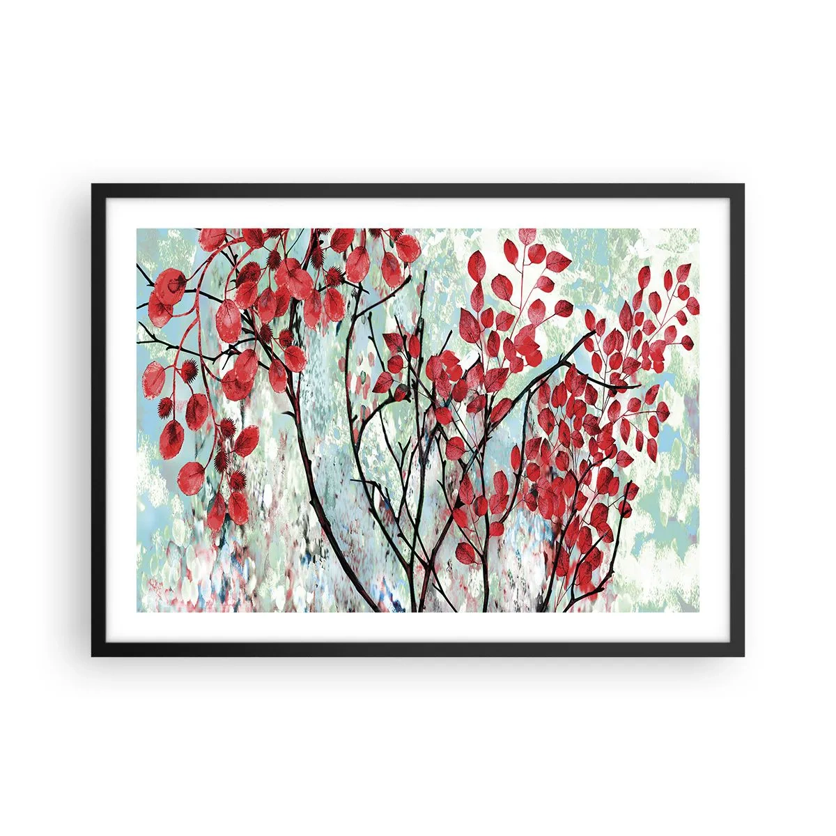 Affiche dans un cadre noir - Poster - Feuilles rouges sur un ciel lumineux avec des motifs abstraits - 70x50cm - Arbre en écarlate - Décoration murale moderne pour le salon et la chambre ARTTOR