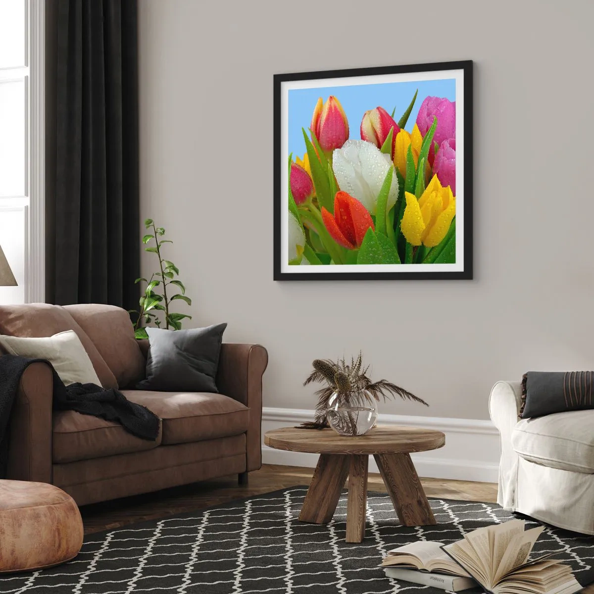 Affiche dans un cadre noir - Poster - Un arc-en-ciel fleuri en gouttes de rosée - 30x30 cm