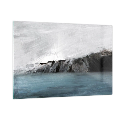Impression sur verre - Image sur verre - Composition abstraite dans les tons de bleu, blanc et noir - 120x80cm - Eau – terre : choc des éléments - Décoration murale moderne pour le salon et la chambre ARTTOR