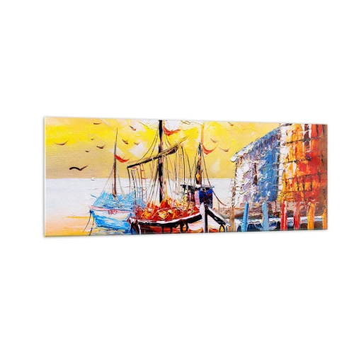 Impression sur verre - Image sur verre - Port pittoresque au coucher du soleil avec des bateaux de pêche - 140x50cm - Bon retour - Décoration murale moderne pour le salon et la chambre ARTTOR
