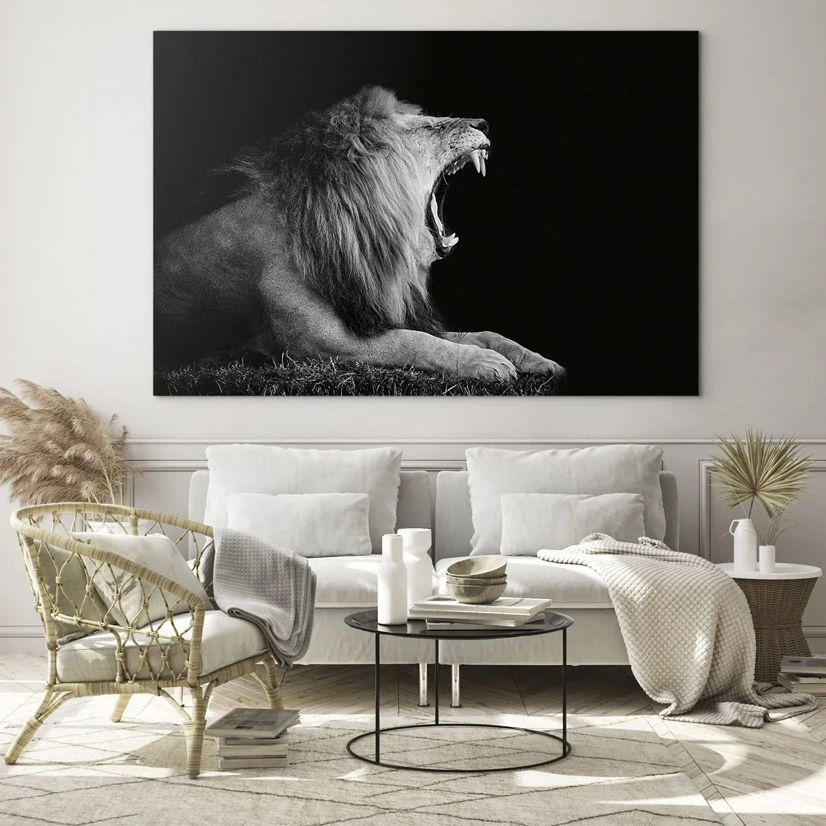 Impression sur verre - Image sur verre - Portrait noir et blanc d'un lion rugissant contre une ombre - 100x70cm - Sans aucun doute - Décoration murale moderne pour le salon et la chambre ARTTOR