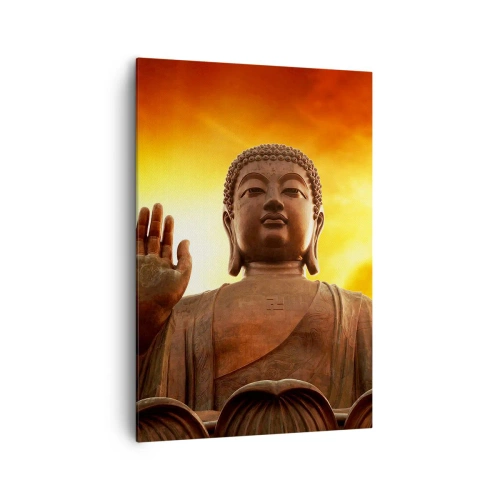 Impression sur toile - Image sur toile - Une statue de Bouddha contre un ciel de coucher de soleil doré - 70x100cm - La paix du monde - Décoration murale moderne pour le salon et la chambre ARTTOR