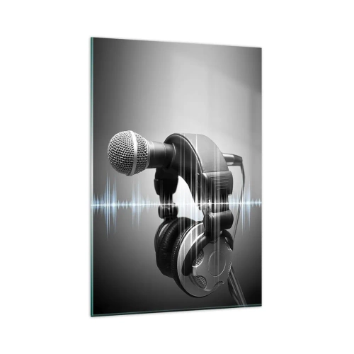 Impression sur verre - Image sur verre - Microphone et casque avec visualisation des ondes sonores en arrière-plan - 80x120cm - Vous pouvez encore entendre son chant - Décoration murale moderne pour le salon et la chambre ARTTOR