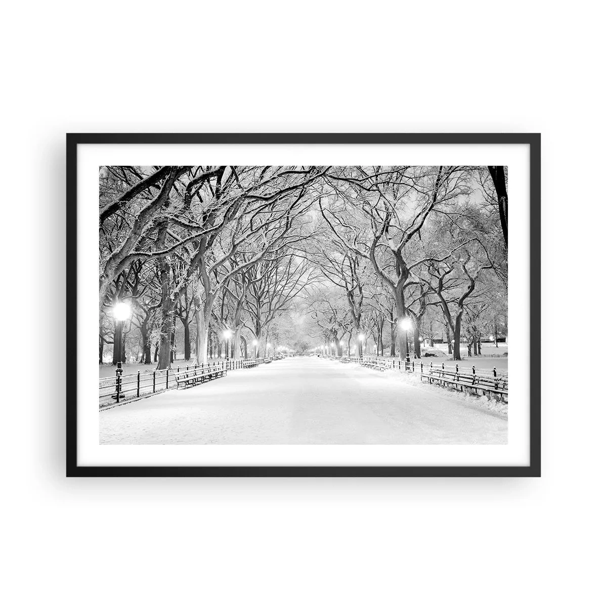 Affiche dans un cadre noir - Poster - Une allée d'hiver avec des arbres enneigés en monochrome - 70x50cm - Les quatres saisons – l’hiver - Décoration murale moderne pour le salon et la chambre ARTTOR