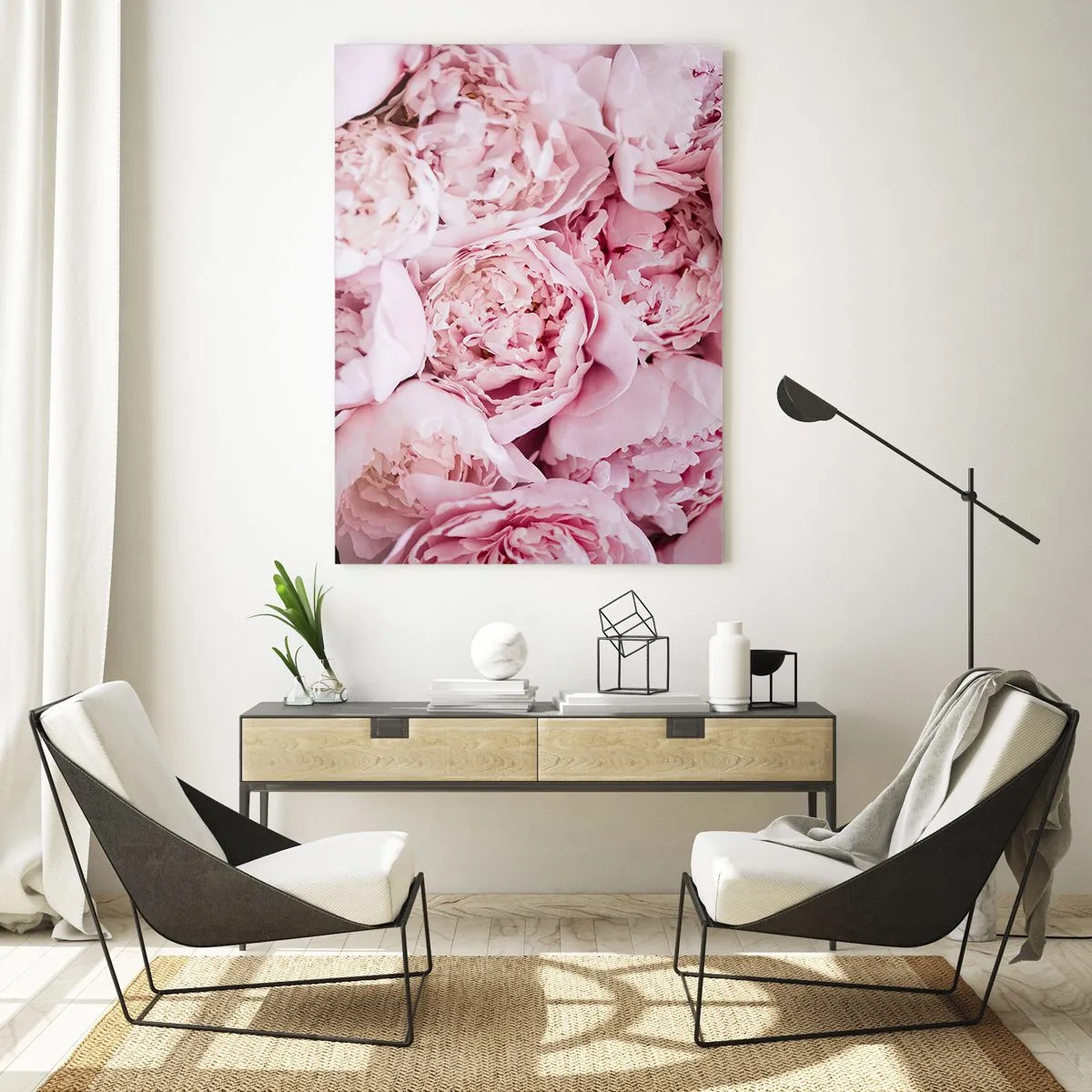 Impression sur verre - Image sur verre - Gros plan d'un bouquet de pivoines rose clair - 50x70cm - Caliné et parfumé - Décoration murale moderne pour le salon et la chambre ARTTOR