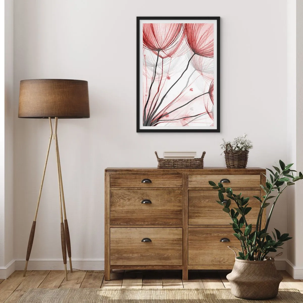 Affiche dans un cadre noir - Poster - Pissenlits délicats dans des tons de rouge et de noir - 50x70cm - Avant le départ - Décoration murale moderne pour le salon et la chambre ARTTOR
