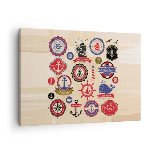 Impression sur toile - Image sur toile - Une collection de graphiques et de symboles nautiques sur fond clair - 70x50cm - La fraternité de la voile - Décoration murale moderne pour le salon et la chambre ARTTOR