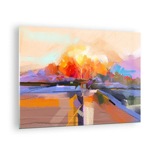 Impression sur verre - Image sur verre - Paysage abstrait avec un coucher de soleil et des champs colorés - 70x50cm - L'automne est arrivé - Décoration murale moderne pour le salon et la chambre ARTTOR