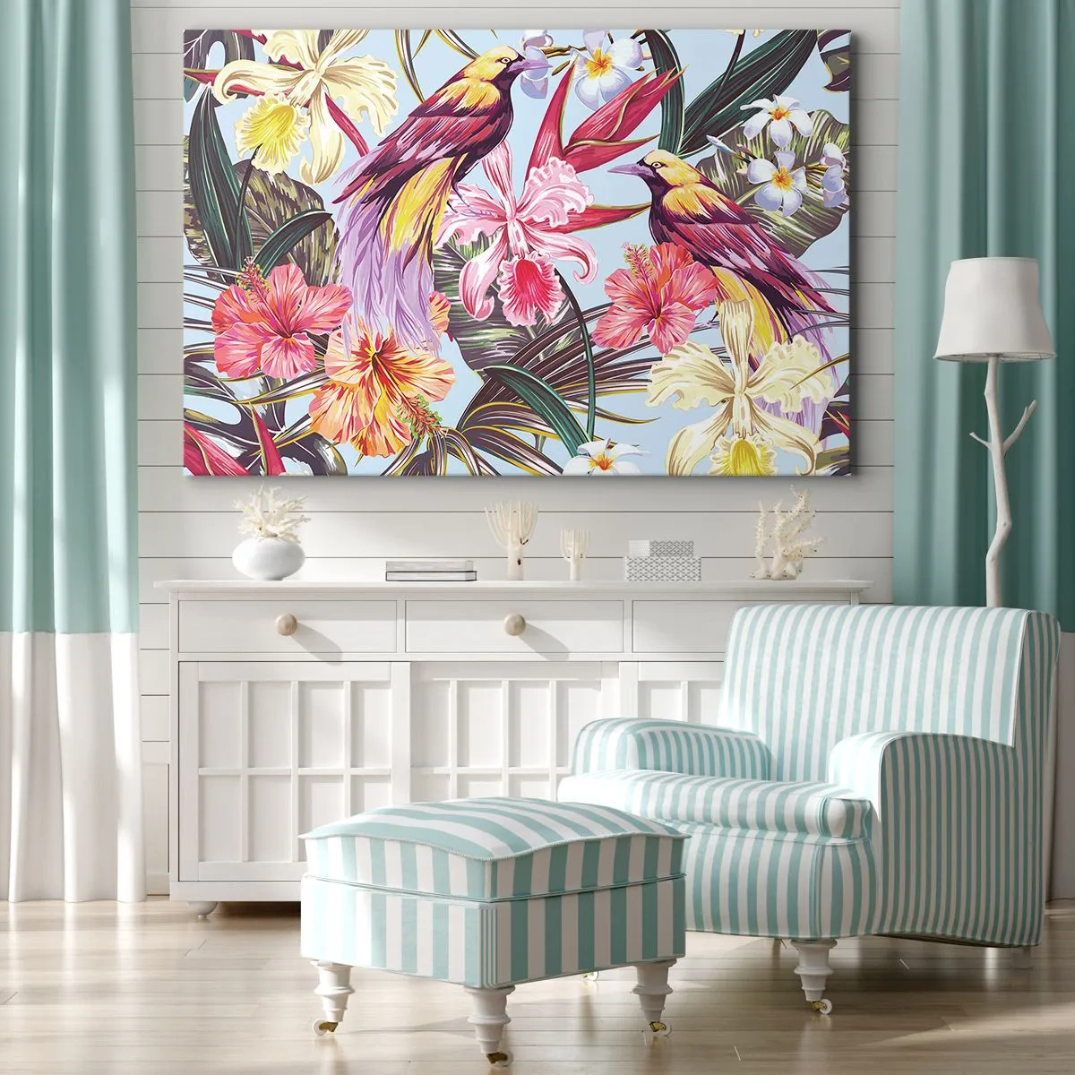 Impression sur toile - Image sur toile - Oiseaux exotiques parmi les fleurs tropicales - 120x80cm - Pétales et plumes - Décoration murale moderne pour le salon et la chambre ARTTOR