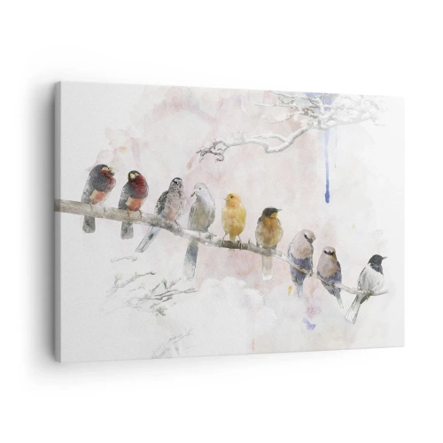 Impression sur toile - Image sur toile - Oiseaux colorés sur une branche dans un style aquarelle - 70x50cm - Rencontre ailée - Décoration murale moderne pour le salon et la chambre ARTTOR
