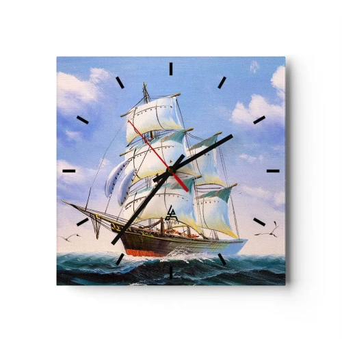 Horloge murale - Pendule murale - Un voilier en pleine mer sous un ciel bleu - 30x30cm - Fièrement avec le vent - Décoration murale moderne pour le salon et la chambre ARTTOR
