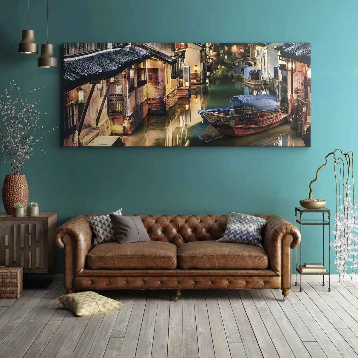 Impression sur toile - Image sur toile - Vue nocturne des canaux avec bateaux et maisons traditionnels - 120x50cm - Soirée dans une rue chinoise - Décoration murale moderne pour le salon et la chambre ARTTOR