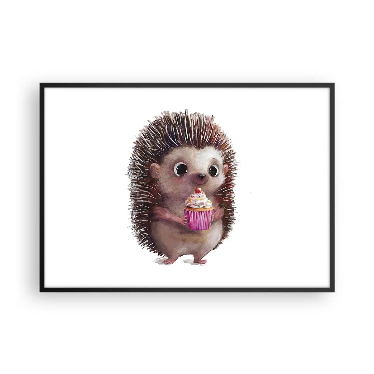 Affiche dans un cadre noir - Poster - Un hérisson mignon avec un cupcake - 100x70cm - La fête c'est tous les jours - Décoration murale moderne pour le salon et la chambre ARTTOR