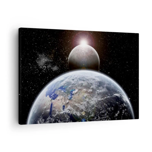 Impression sur toile - Image sur toile - La planète Terre et la Lune sur fond d'espace étoilé. - 70x50cm - Paysage cosmique - lever de soleil - Décoration murale moderne pour le salon et la chambre ARTTOR