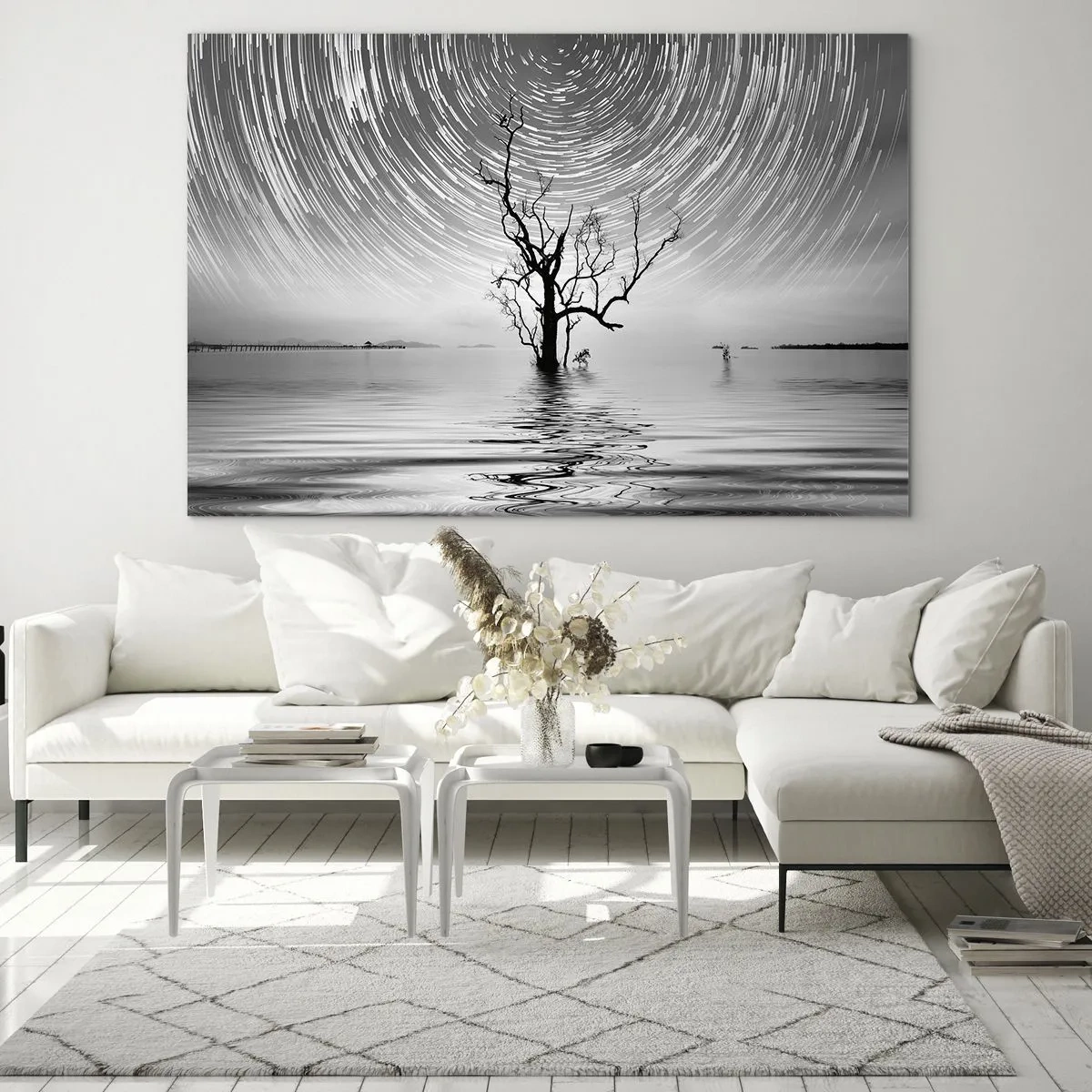 Impression sur verre - Image sur verre - Paysage noir et blanc avec un arbre et des traînées d'étoiles - 100x70cm - La symphonie de la nature - Décoration murale moderne pour le salon et la chambre ARTTOR