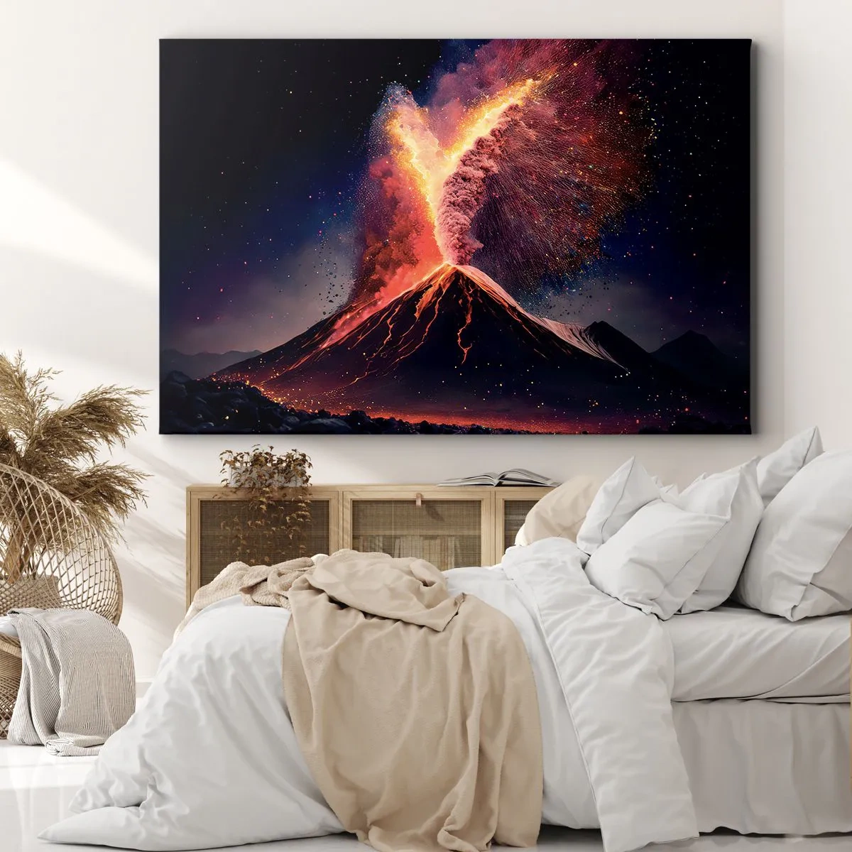 Impression sur toile - Image sur toile - Une éruption volcanique unique la nuit avec des couleurs dynamiques. - 70x50cm - Beauté et horreur - Décoration murale moderne pour le salon et la chambre ARTTOR