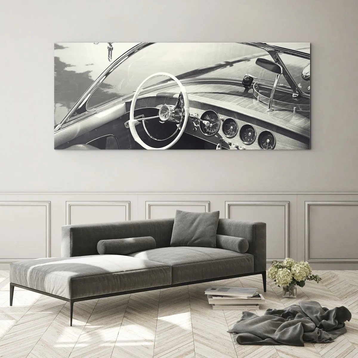Impression sur verre - Image sur verre - Intérieur de voiture classique de style monochrome - 120x50cm - Temps pour riche - Décoration murale moderne pour le salon et la chambre ARTTOR