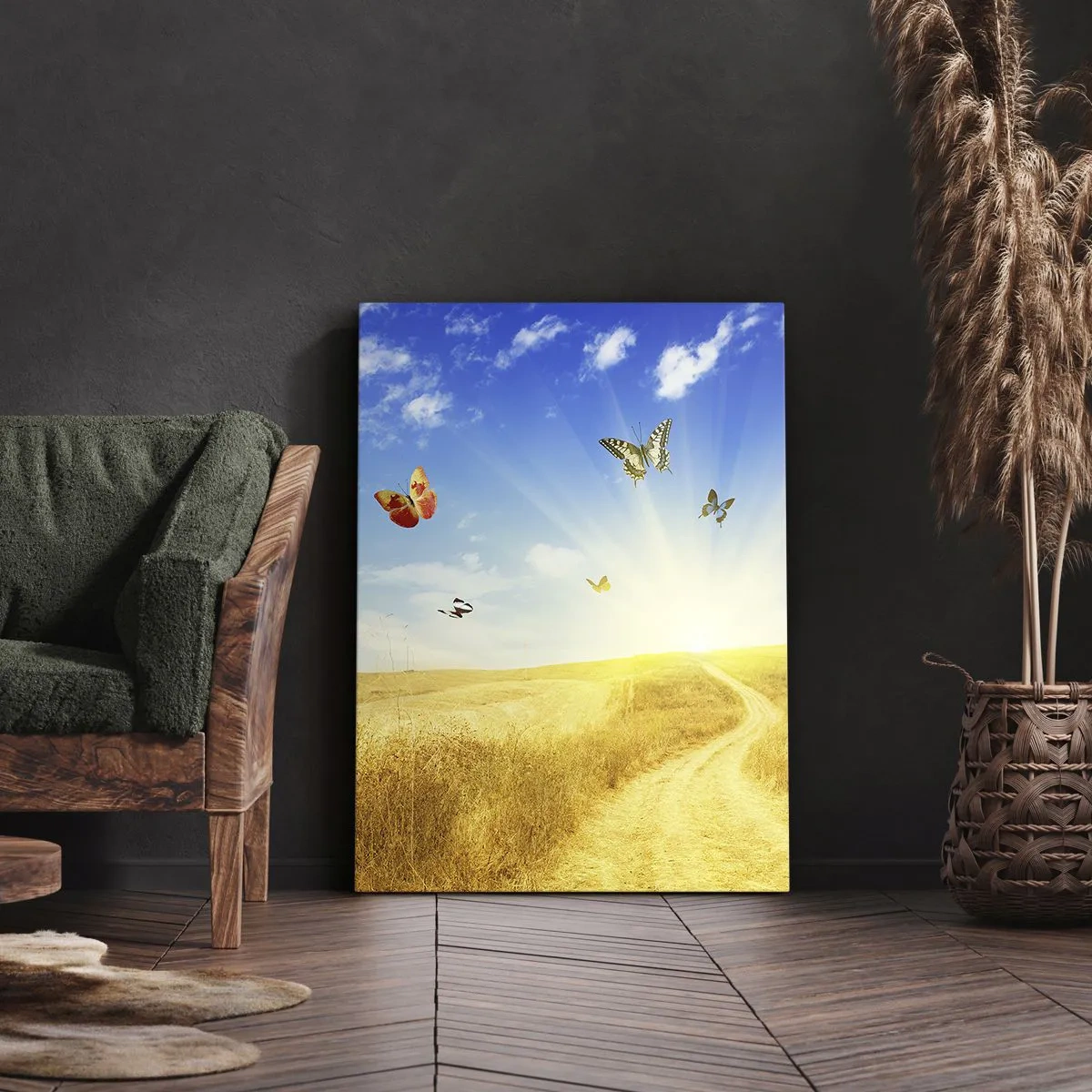 Impression sur toile - Image sur toile - Un champ doré, un chemin et des papillons contre un ciel bleu - 50x70cm - Et comment ne pas aimer l'été ? - Décoration murale moderne pour le salon et la chambre ARTTOR