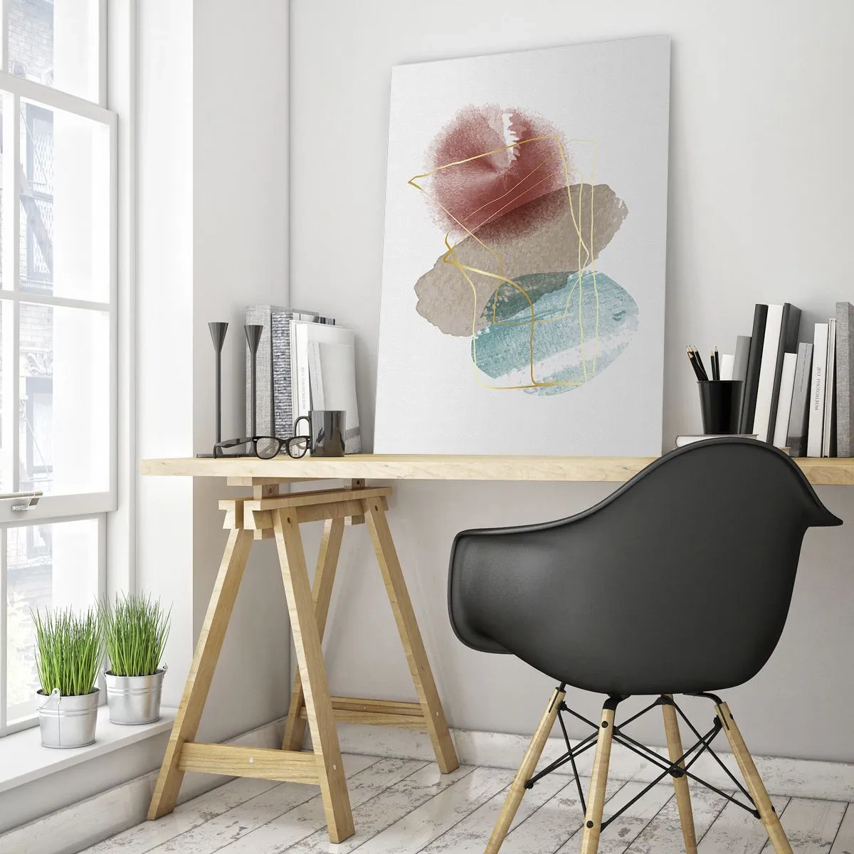 Impression sur verre - Image sur verre - Formes abstraites aux couleurs délicates et aux lignes dorées - 70x100cm - Coraux de l'espace - Décoration murale moderne pour le salon et la chambre ARTTOR