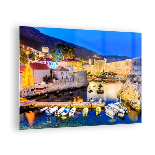 Impression sur verre - Image sur verre - Panorama nocturne de Dubrovnik avec bateaux et remparts de la ville - 70x50cm - Nuit illuminée sur l'Adriatique - Décoration murale moderne pour le salon et la chambre ARTTOR