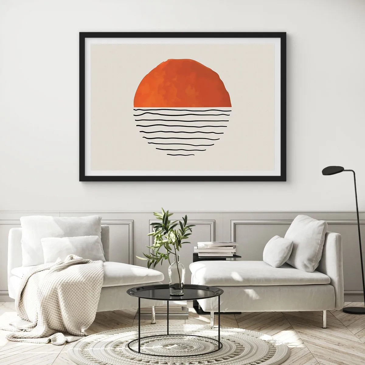 Affiche dans un cadre noir - Poster - Un coucher de soleil minimaliste sur des lignes ondulées - 70x50cm - Dans un climat japonnais - Décoration murale moderne pour le salon et la chambre ARTTOR