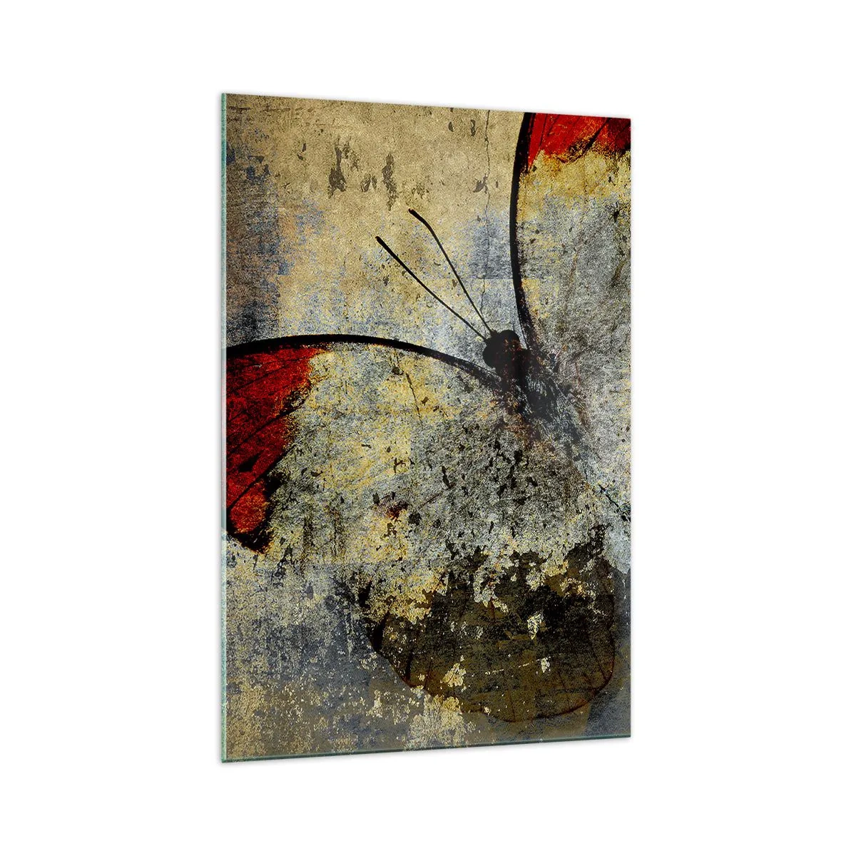 Impression sur verre - Image sur verre - Un papillon dans les tons de rouge et de gris sur un fond texturé - 70x100cm - Regarde avant que je disparaisse - Décoration murale moderne pour le salon et la chambre ARTTOR