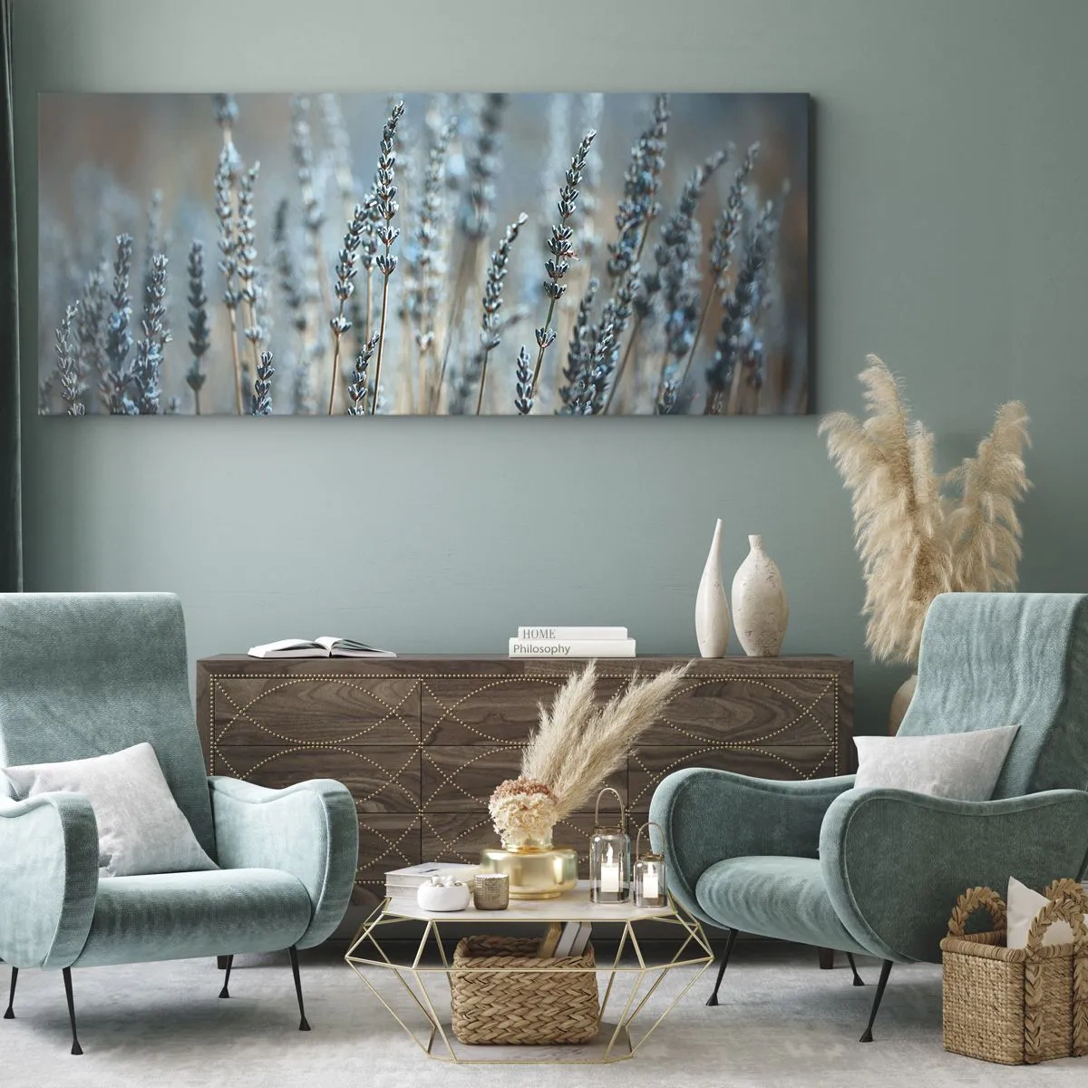 Impression sur toile - Image sur toile - Lavande dans les champs dans des tons pastel subtils - 140x50cm - Tige odorante - Décoration murale moderne pour le salon et la chambre ARTTOR