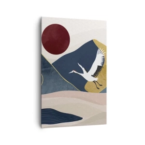Impression sur toile - Image sur toile - Grues en vol sur fond de montagnes et de soleil rouge - 80x120cm - Encore une fois, la journée s'est ÉCOULÉE - Décoration murale moderne pour le salon et la chambre ARTTOR