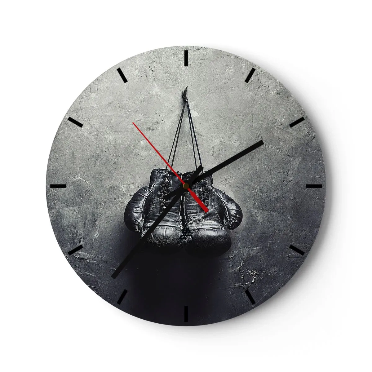 Horloge murale - Pendule murale - Gants de boxe noirs sur fond gris - 30x30cm - Un temps pour se battre et un temps pour la paix - Décoration murale moderne pour le salon, la cuisine et la chambre ARTTOR