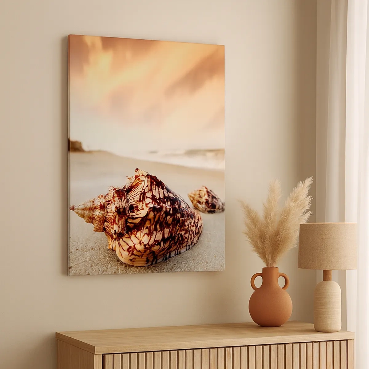 Impression sur toile - Image sur toile - Coquillages sur la plage au coucher du soleil - 50x70cm - Les parias des vagues - Décoration murale moderne pour le salon et la chambre ARTTOR