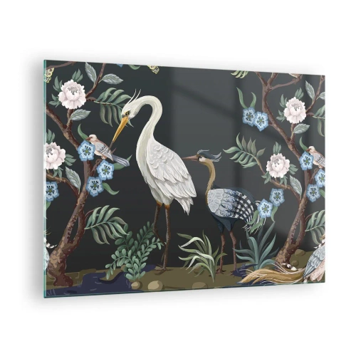 Impression sur verre - Image sur verre - Oiseaux colorés parmi des branches fleuries sur un fond sombre - 70x50cm - Parade d'oiseaux - Décoration murale moderne pour le salon et la chambre ARTTOR