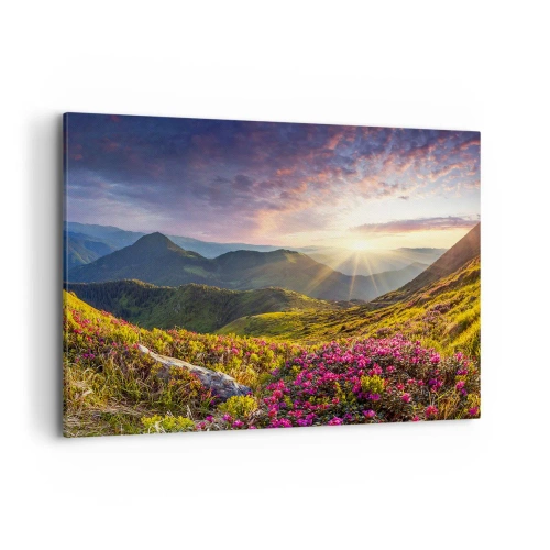 Impression sur toile - Image sur toile - Paysage de montagne avec des rhododendrons en fleurs - 120x80cm - Fraîcheur matinale en montagne - Décoration murale moderne pour le salon et la chambre ARTTOR