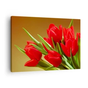 Impression sur toile - Image sur toile - Un bouquet de tulipes rouges sur fond doré avec des feuilles vertes. - 70x50cm - Amas de joie printanière - Décoration murale moderne pour le salon et la chambre ARTTOR