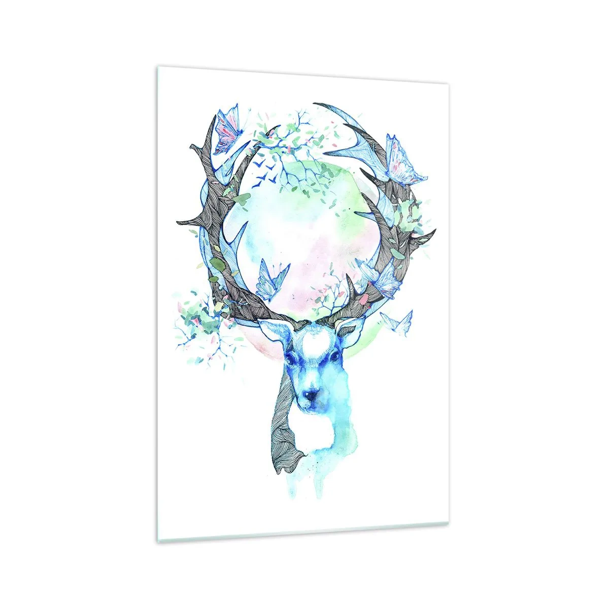 Impression sur verre - Image sur verre - Un graphique de cerf fantaisiste avec un motif de nature et de papillon - 70x100cm - La force et la délicatesse de la nature - Décoration murale moderne pour le salon et la chambre ARTTOR