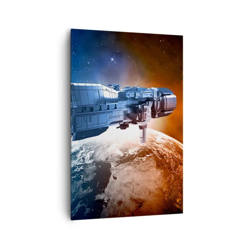 Impression sur toile - Image sur toile - Un vaisseau spatial avec en arrière-plan une planète dans l'espace - 80x120cm - Un observateur attentif - Décoration murale moderne pour le salon et la chambre ARTTOR