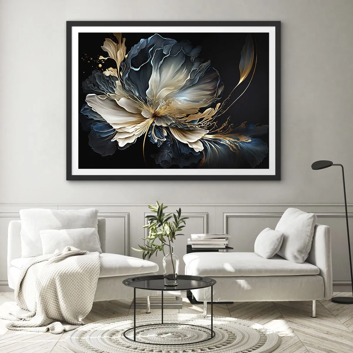 Affiche dans un cadre noir - Poster - Une fleur dans les tons or et bleu marine sur fond noir - 70x50cm - Fleur de fougère de conte de fées - Décoration murale moderne pour le salon et la chambre ARTTOR