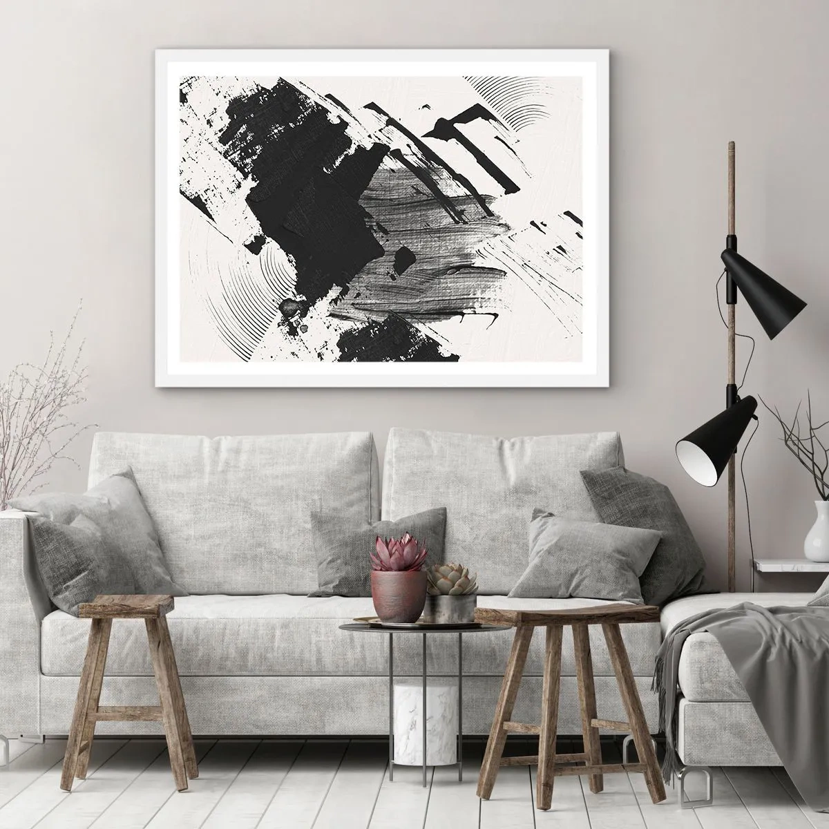 Affiche dans un cadre blanc - Poster - Abstraction – expression du noir - 50x40 cm