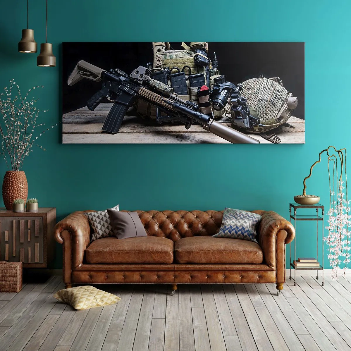 Impression sur toile - Image sur toile - Équipement tactique avec un fusil sur une table en bois - 120x50cm - Se reposer! - Décoration murale moderne pour le salon et la chambre ARTTOR
