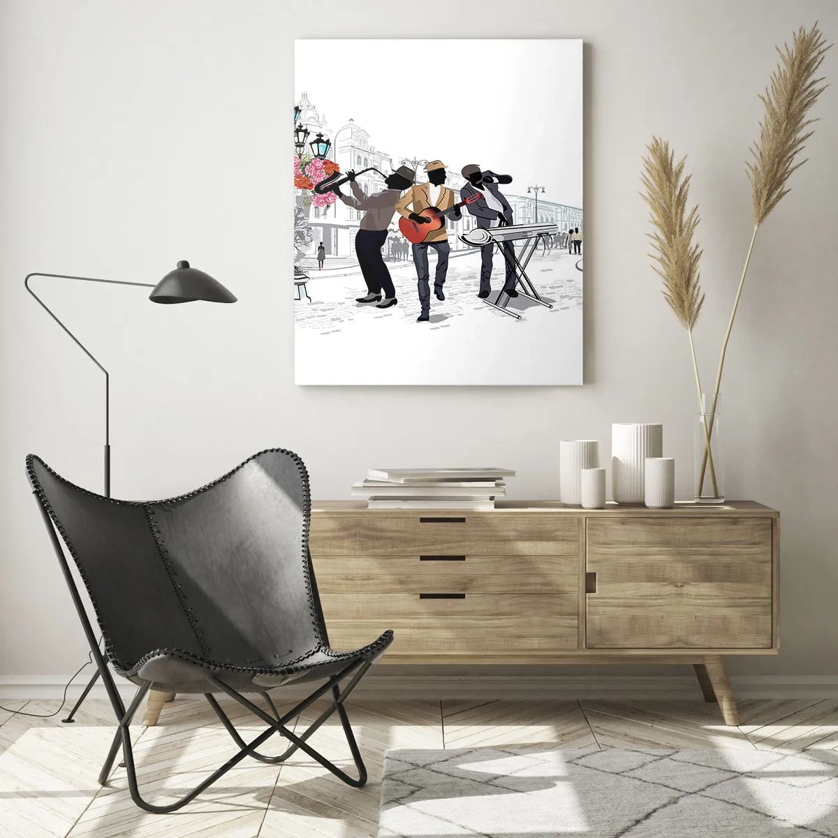 Impression sur verre - Image sur verre - Des musiciens de rue jouent dans un paysage urbain - 80x120cm - Musique de rue - Décoration murale moderne pour le salon et la chambre ARTTOR
