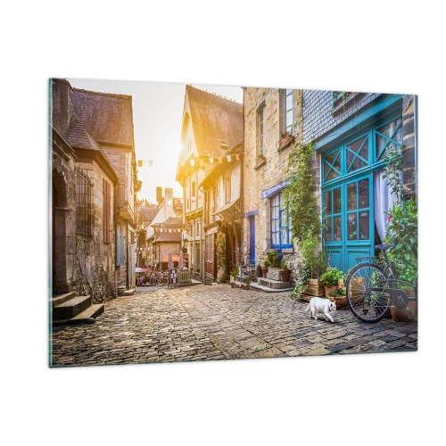Impression sur verre - Image sur verre - Une charmante rue de la ville avec un chat blanc et un vélo - 120x80cm - Aux confins du monde - Décoration murale moderne pour le salon et la chambre ARTTOR