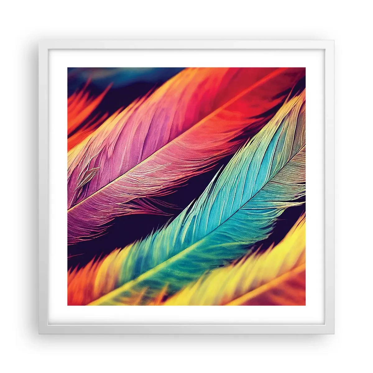 Affiche dans un cadre blanc - Poster - Arc-en-ciel de plumes - 50x50 cm