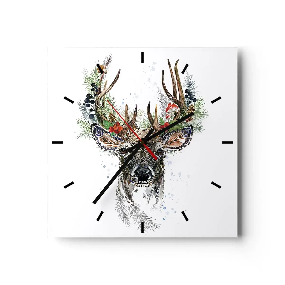 Horloge murale - Pendule murale - Cerf stylisé avec des bois décoratifs sur fond blanc - 30x30cm - En robe de fête - Décoration murale moderne pour le salon et la chambre ARTTOR