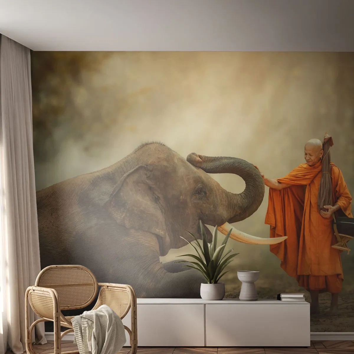 Papier Peint Autocollant Deluxe Sticker - Rencontre en voyageant - Asie, Éléphant, Moine - 250x175 cm
