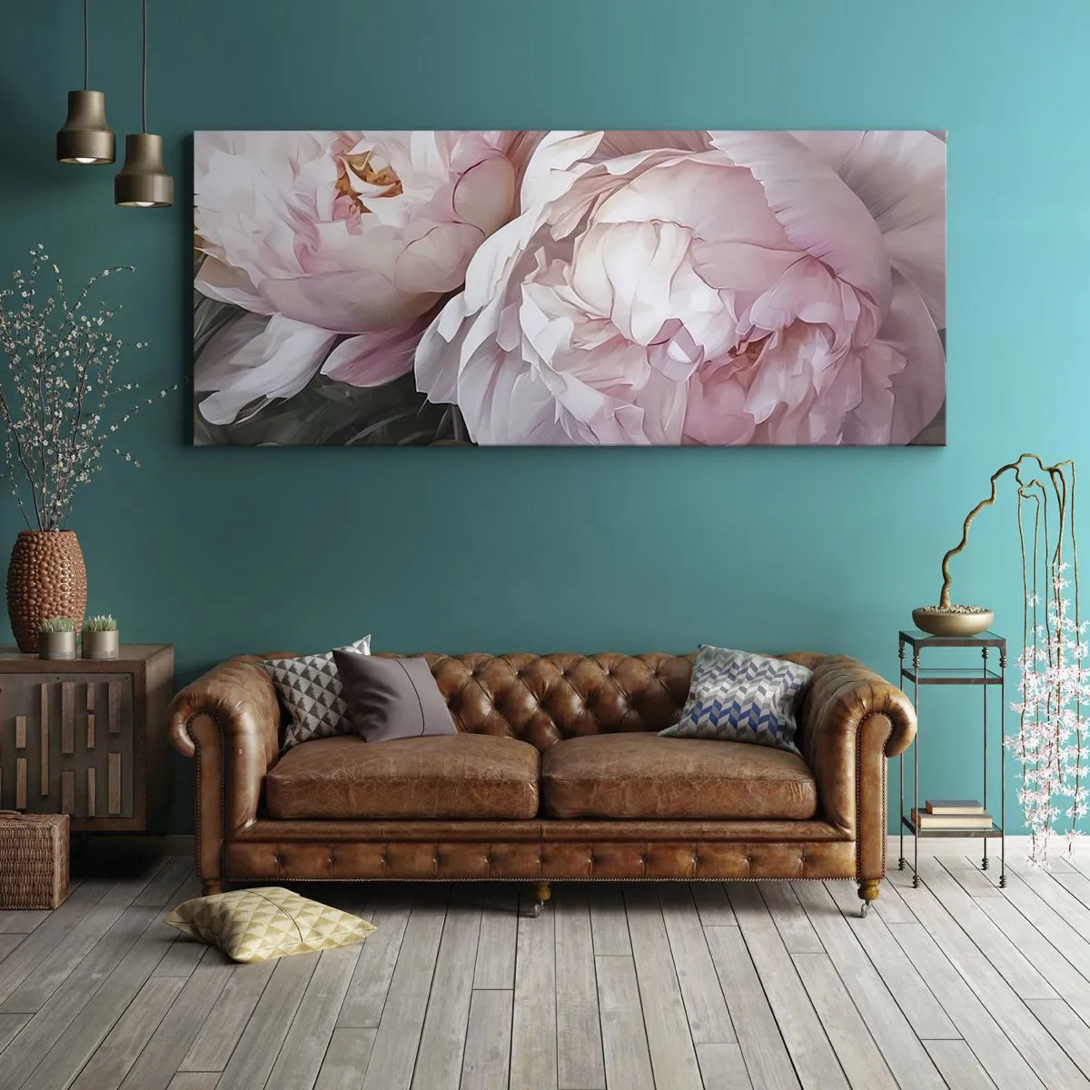 Impression sur toile - Image sur toile - Pivoines roses délicates en pleine floraison - 140x50cm - Arrêté en pleine floraison - Décoration murale moderne pour le salon et la chambre ARTTOR