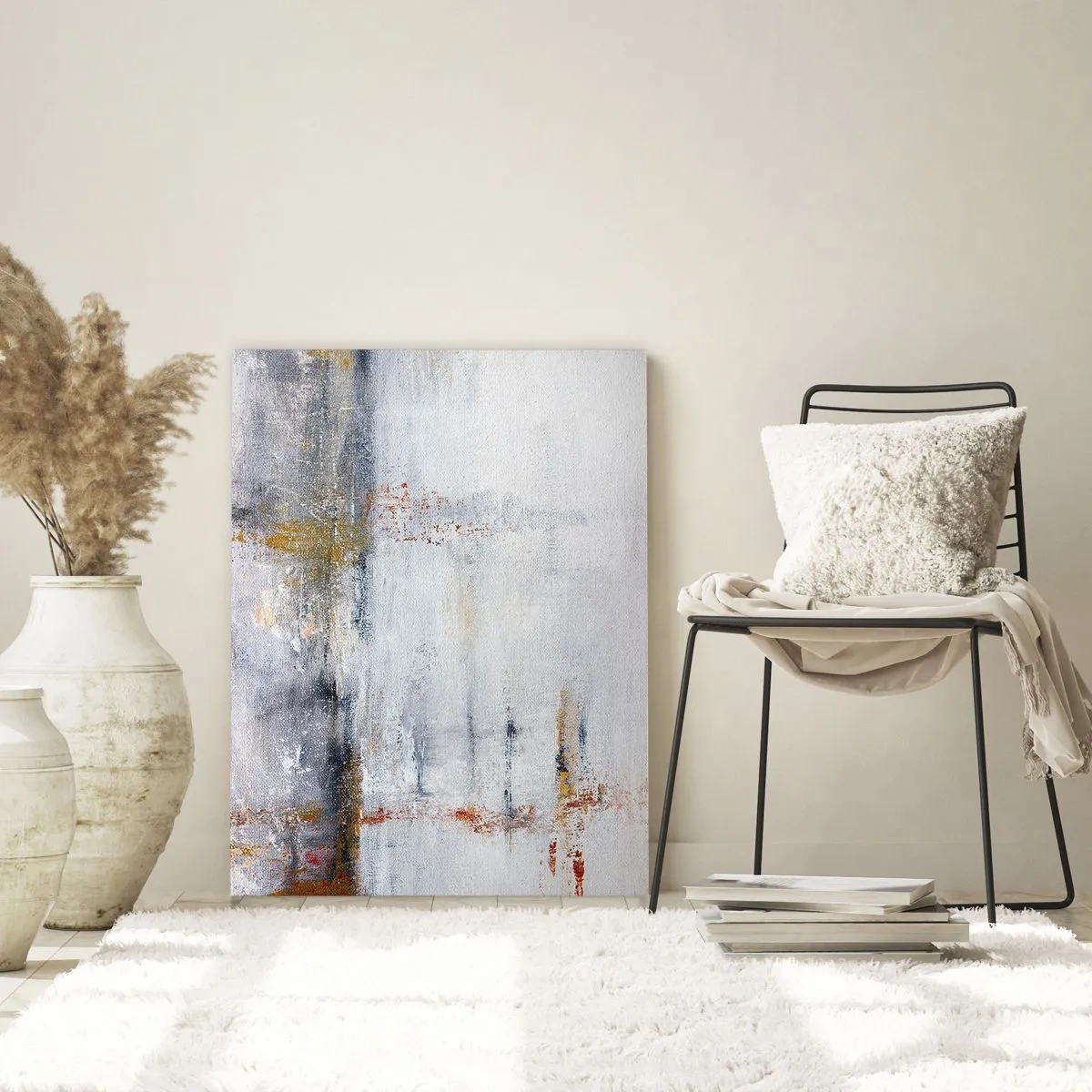 Impression sur verre - Image sur verre - Une peinture abstraite présentant une subtile combinaison de gris, de blanc et d'or. - 50x70cm - Derrière l'air un rideau - Décoration murale moderne pour le salon et la chambre ARTTOR