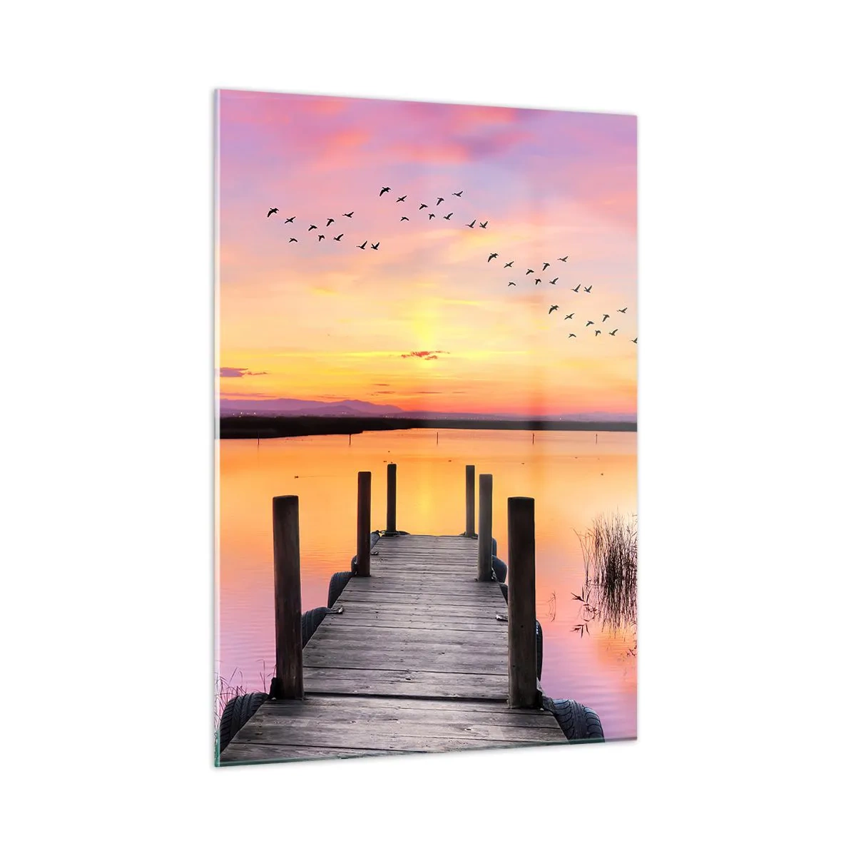 Impression sur verre - Image sur verre - Jetée au bord du lac au coucher du soleil avec des oiseaux dans le ciel - 50x70cm - Aube silencieuse violette - Décoration murale moderne pour le salon et la chambre ARTTOR